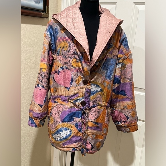 VINTAGE ART TO WEAR SILK HOODED WOMENS MAUVE, BLUE JACKET, SIZE L - Picture 7 of 12